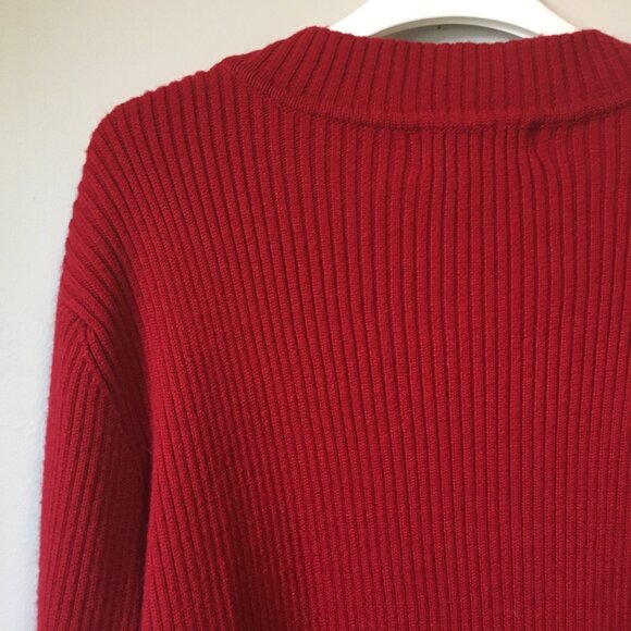 Vintage 80s Cherry Red Cable Knit Beaded Ribbed Sleeve Sweater - Picture 5 of 16